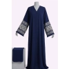 Navy Nida Open-Front Abaya with Keffiyeh Sleeve Embroidery - Libaas Co