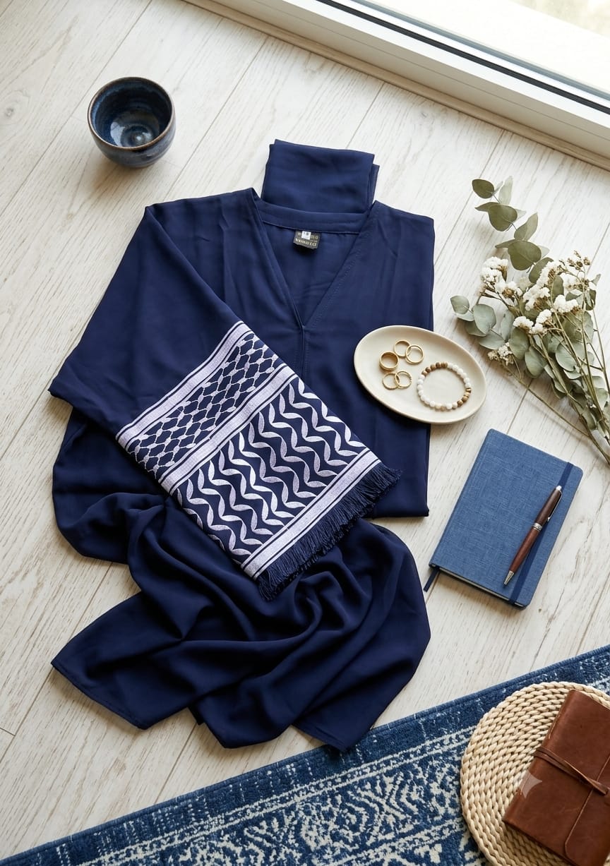 The Kefiyyah Embroidered Sleeve Abaya - Navy - Image 2