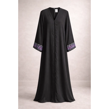 Saudi Nida Abaya with Floral Lace Beaded Trim on Sleeves
