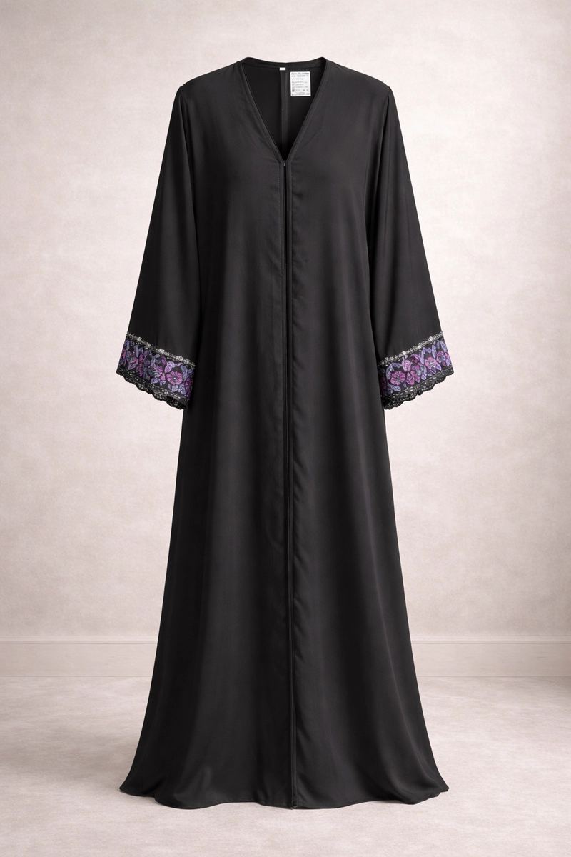 Saudi Nida Abaya with Floral Lace Beaded Trim on Sleeves