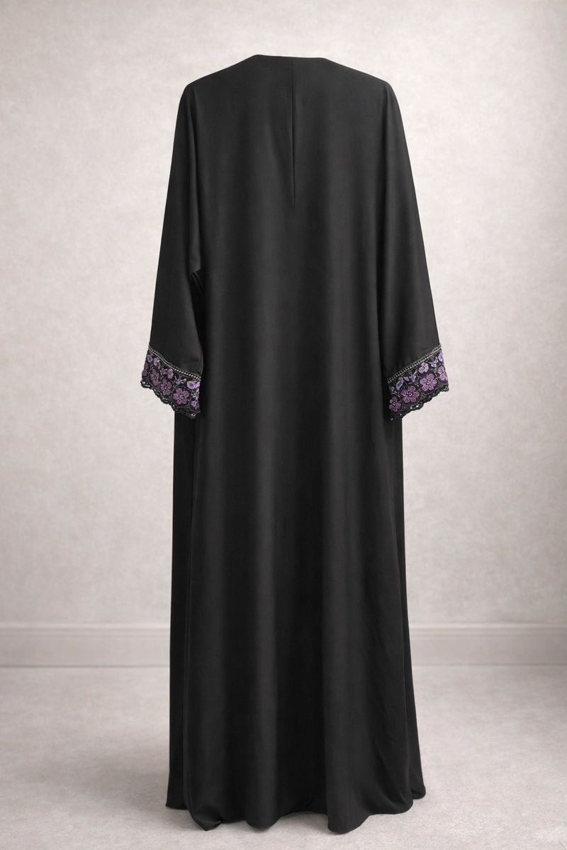 Saudi Nida Abaya with Floral Lace Beaded Trim on Sleeves