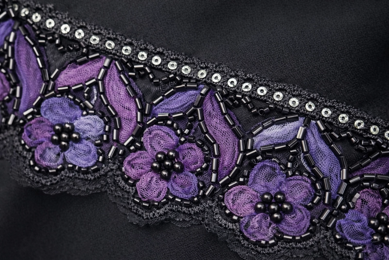 Saudi Nida Abaya with Floral Lace Beaded Trim on Sleeves