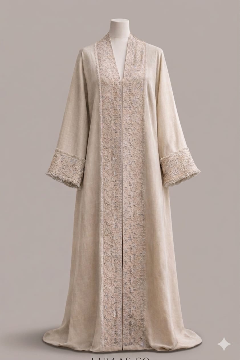 Saudi Linen Embroidered Trim Abaya - Cream