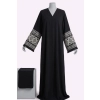 Black Open-Front Nida Abaya with White Geometric Sleeve Embroidery