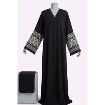 Black Open-Front Nida Abaya with White Geometric Sleeve Embroidery