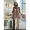 ​Muted Taupe Open-Front Nida Abaya with Keffiyeh Sleeve Embroidery