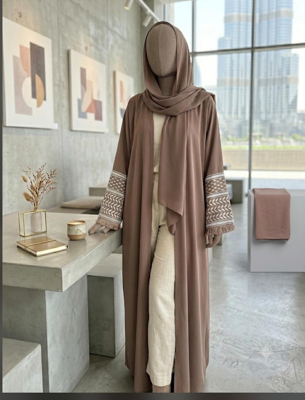 Muted Taupe Open-Front Nida Abaya with Keffiyeh Sleeve Embroidery