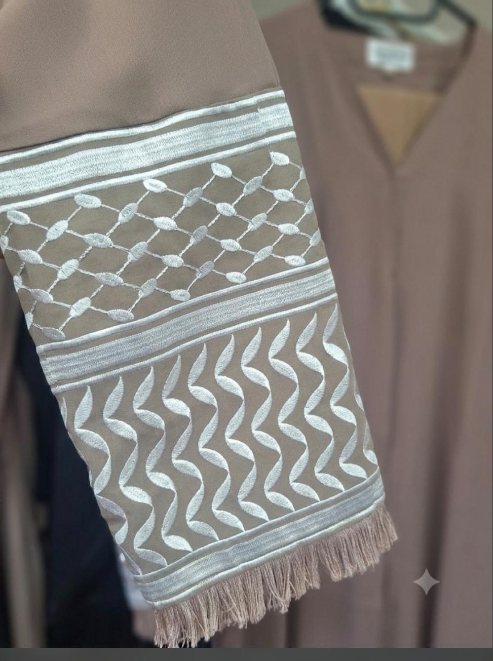 Muted Taupe Open-Front Nida Abaya with Keffiyeh Sleeve Embroidery