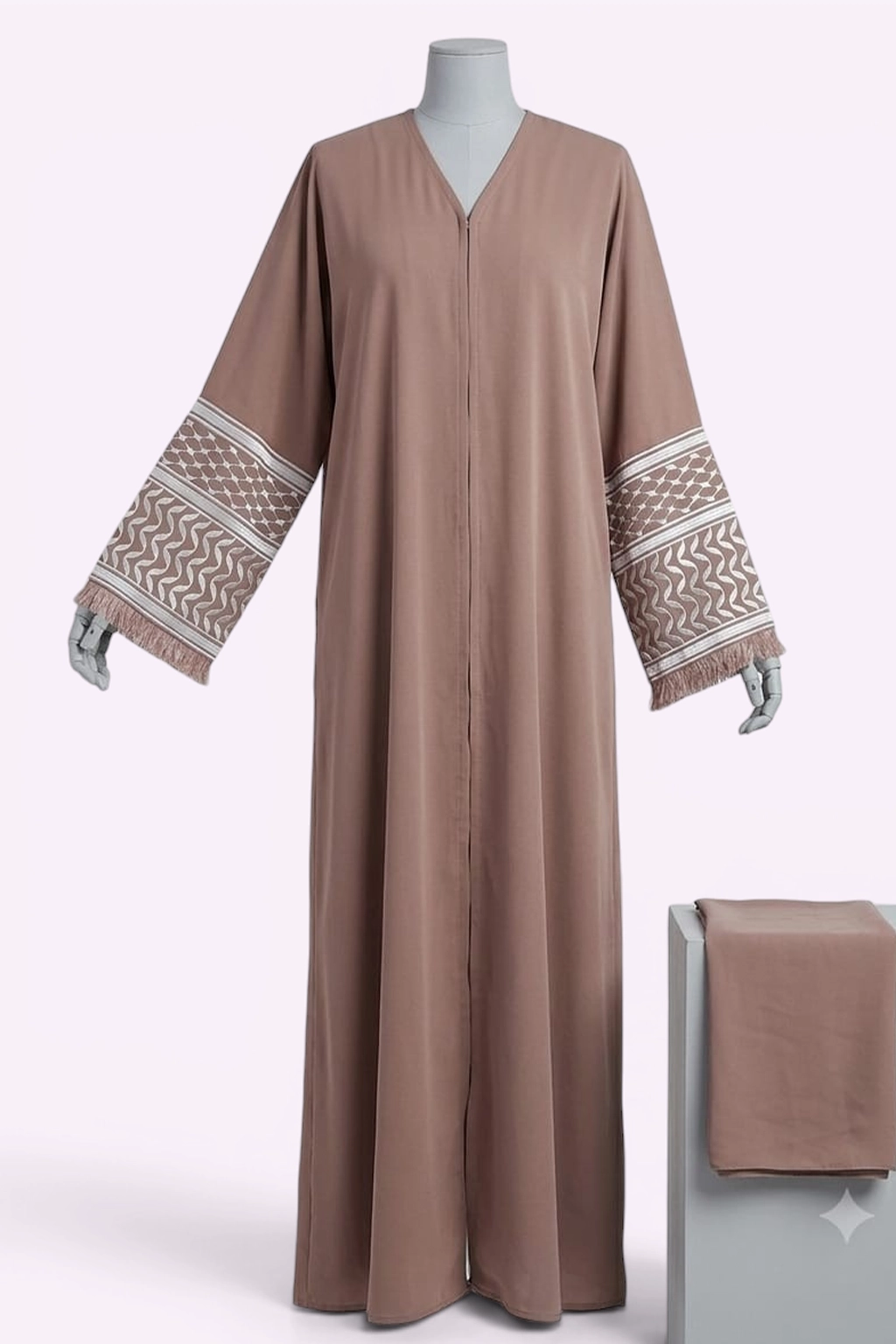 Muted Taupe Open-Front Nida Abaya with Keffiyeh Sleeve Embroidery