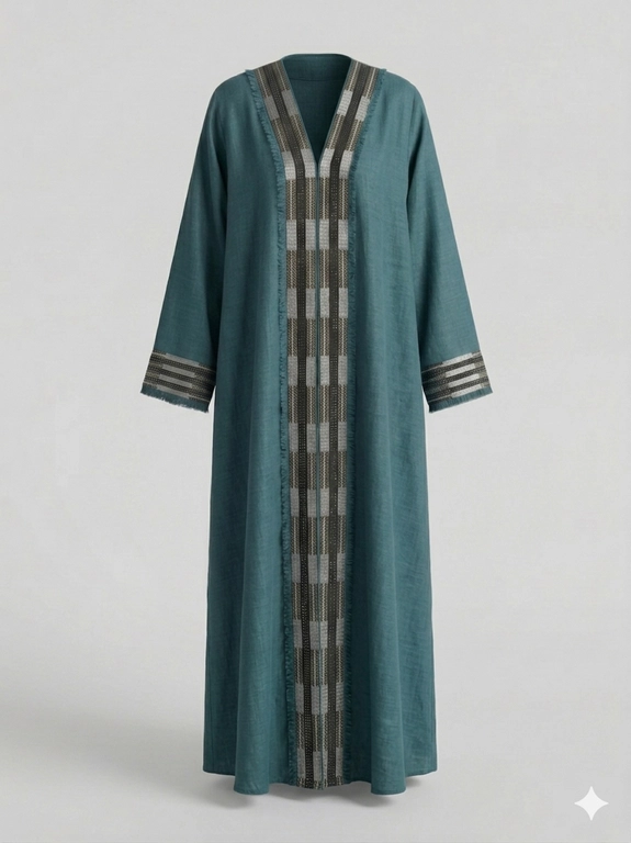 Saudi Linen Geometric Beaded Abaya