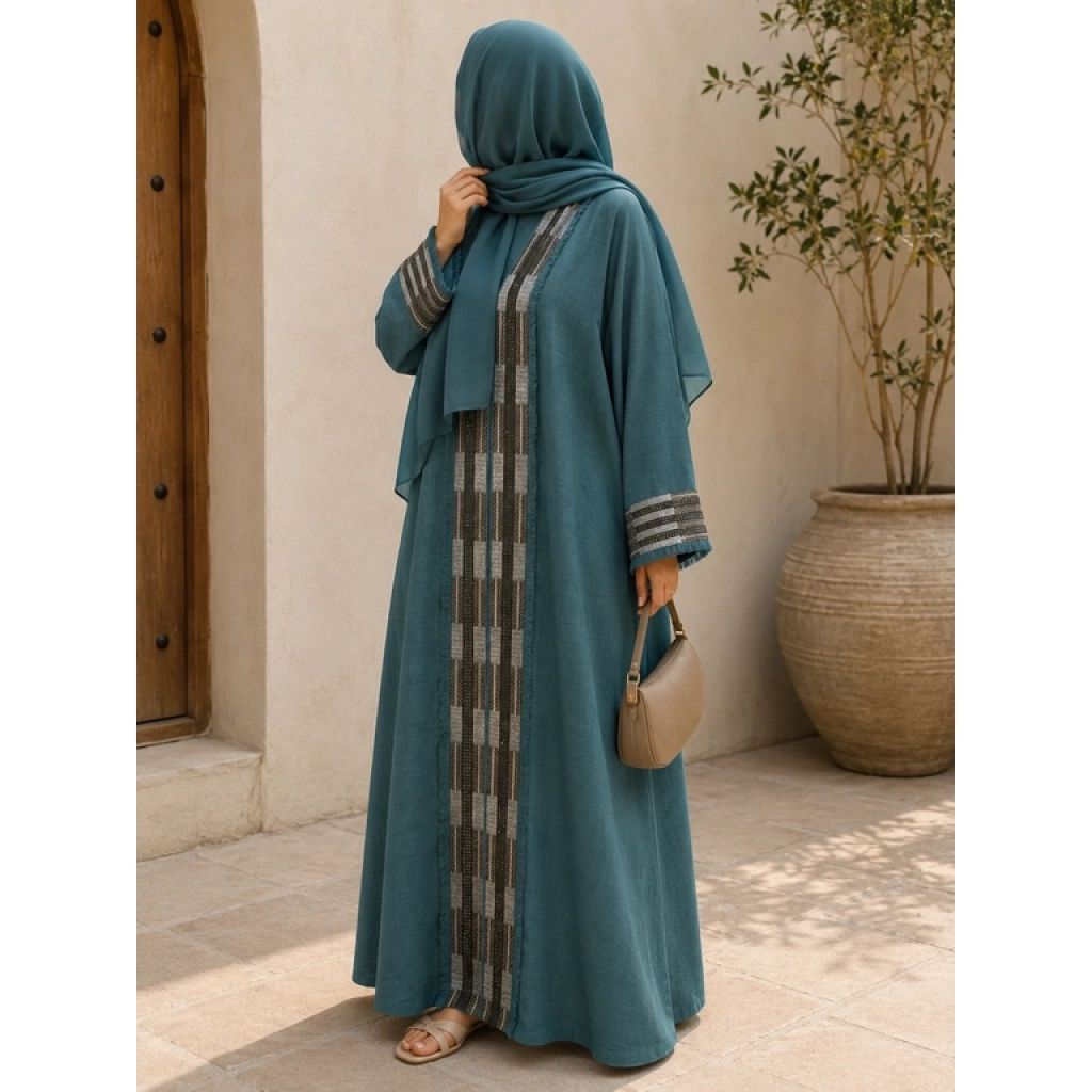 Saudi Linen Geometric Beaded Abaya