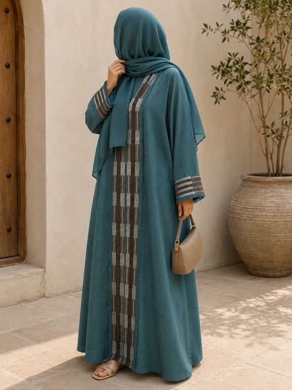 Saudi Linen Geometric Beaded Abaya