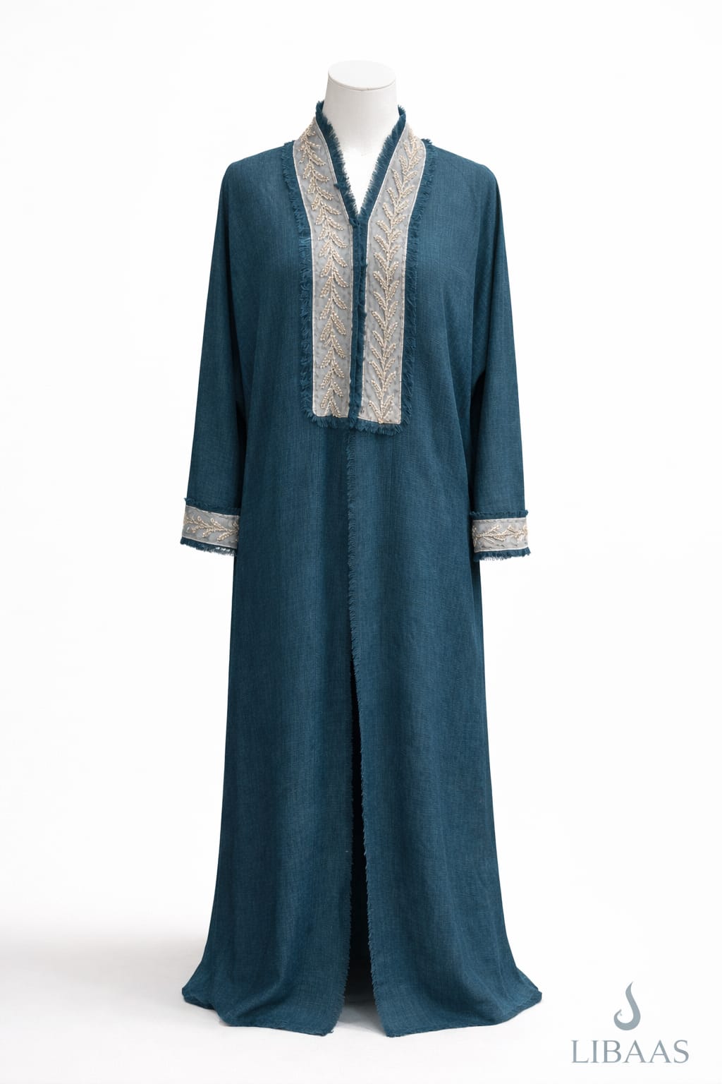 Saudi Linen Beaded Trim Abaya - Teal